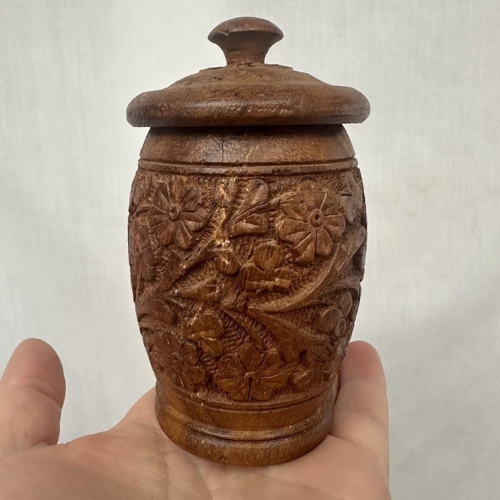 VTG Sheesham Hand Carved Wood Spice Jar w/ Lid Boho Brown Floral Tea Trinkets 4"